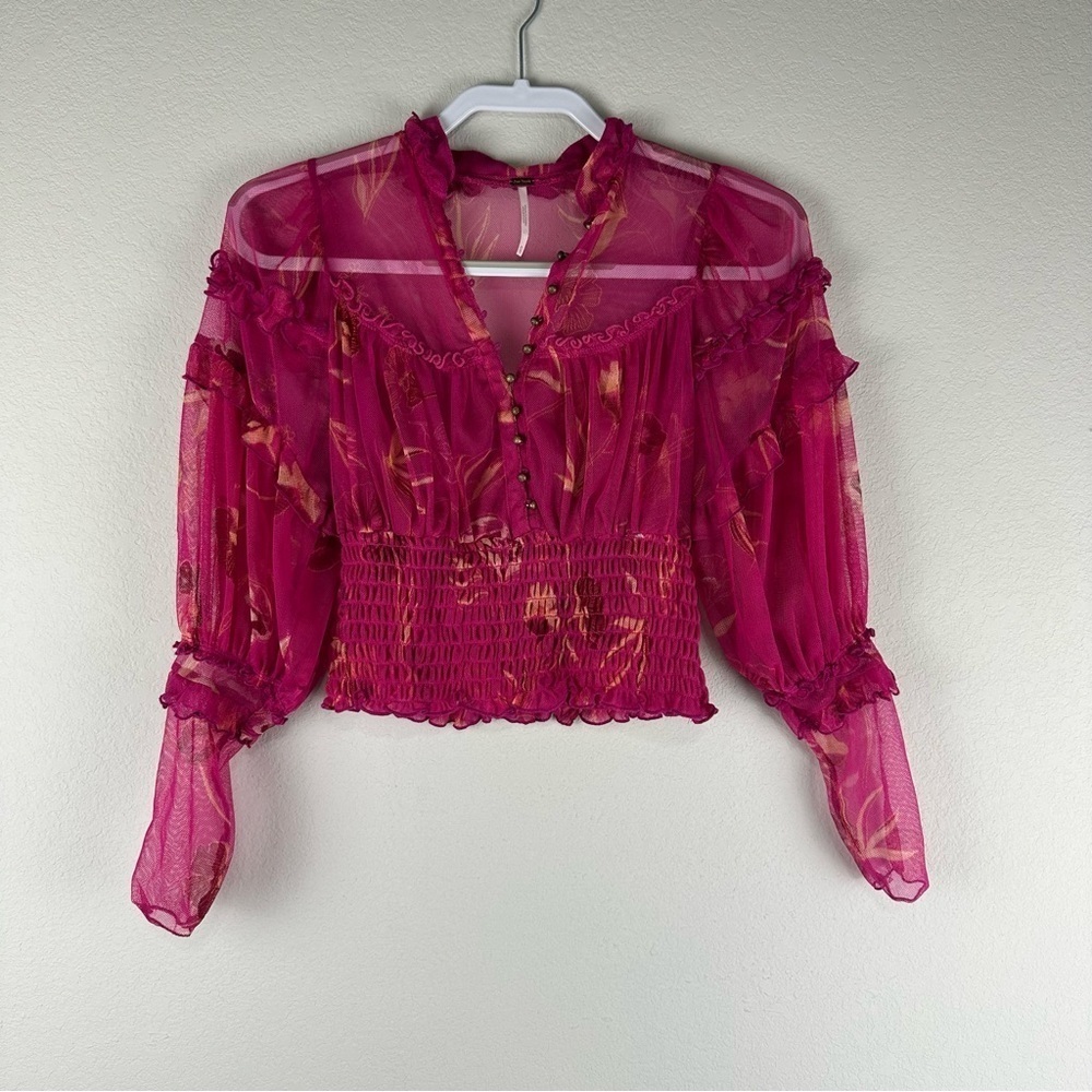 Free People Pink Peach Floral Time for Shine Cropped Sheer Top Size XS